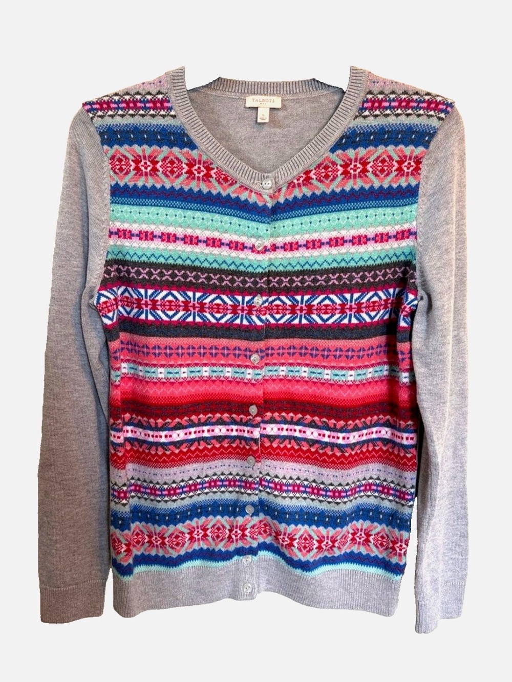 Talbots Fair Isle Cardigan Sweater Small Gray Pink Blue Button Front